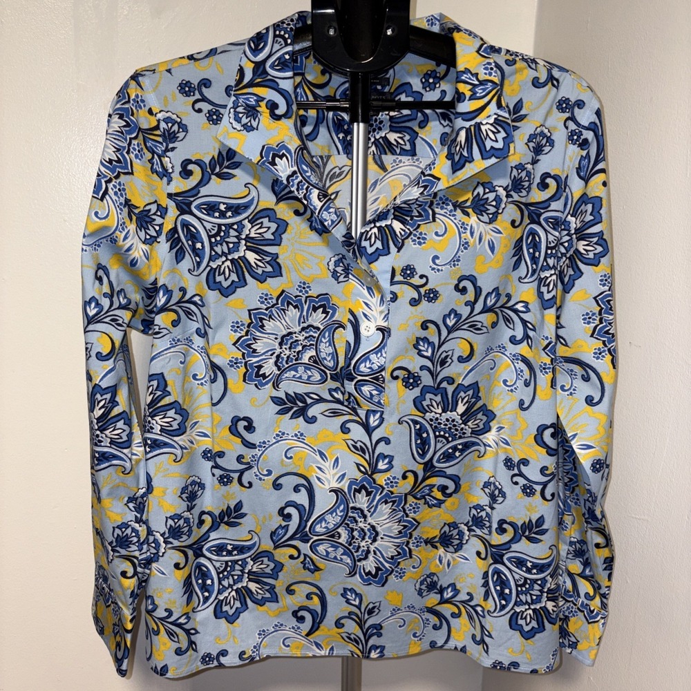 Talbots Womens Sz XL Blue Paisley Button Up Tunic Shirt Long Sleeve Resort